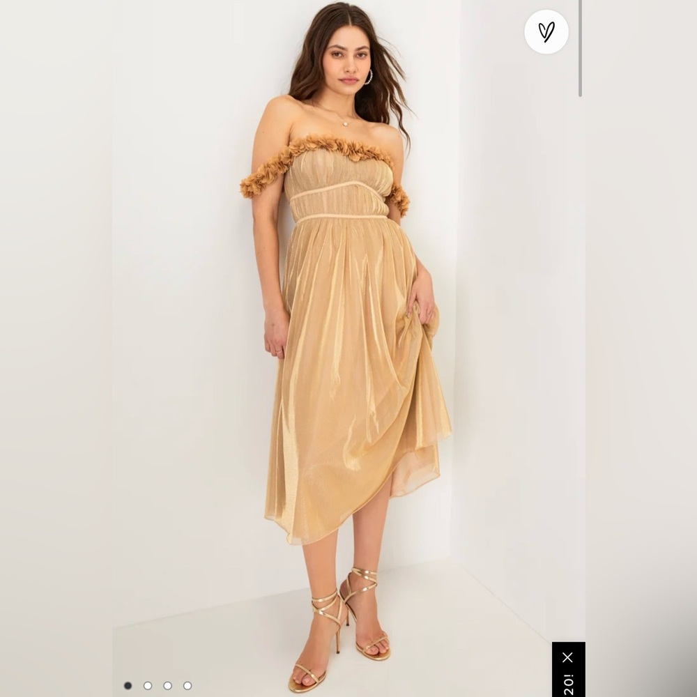 Amazing Essence Gold Metallic Mesh 3D Floral Midi Dress